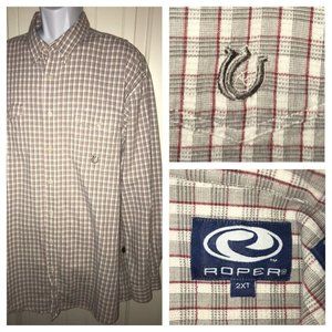 ROPER Western Cowboy Rodeo L/S Plaid Casual Shirt Sz 2XT Tall Red Gray EUC